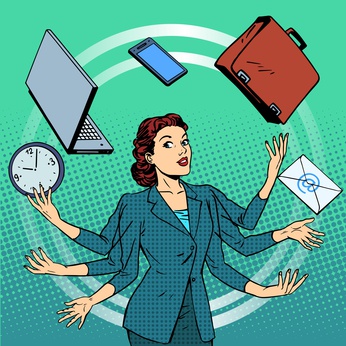 Businesswoman many hands business idea time management. Business people in the office. Retro style pop art