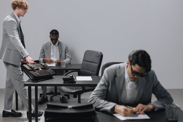 picture depicts men in grey suits protecting your business